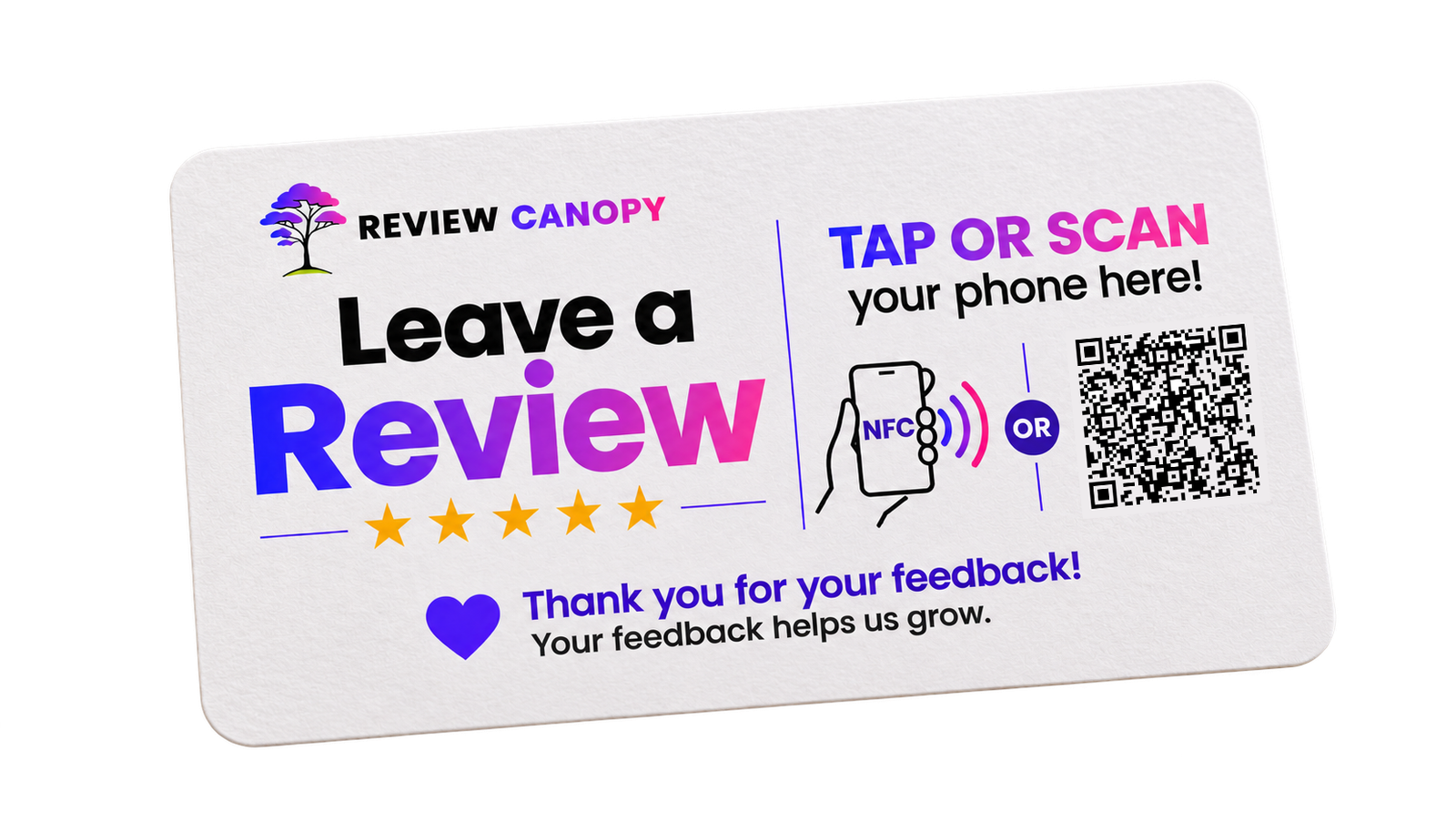 Review Canopy business card with QR code and NFC tap-to-review options