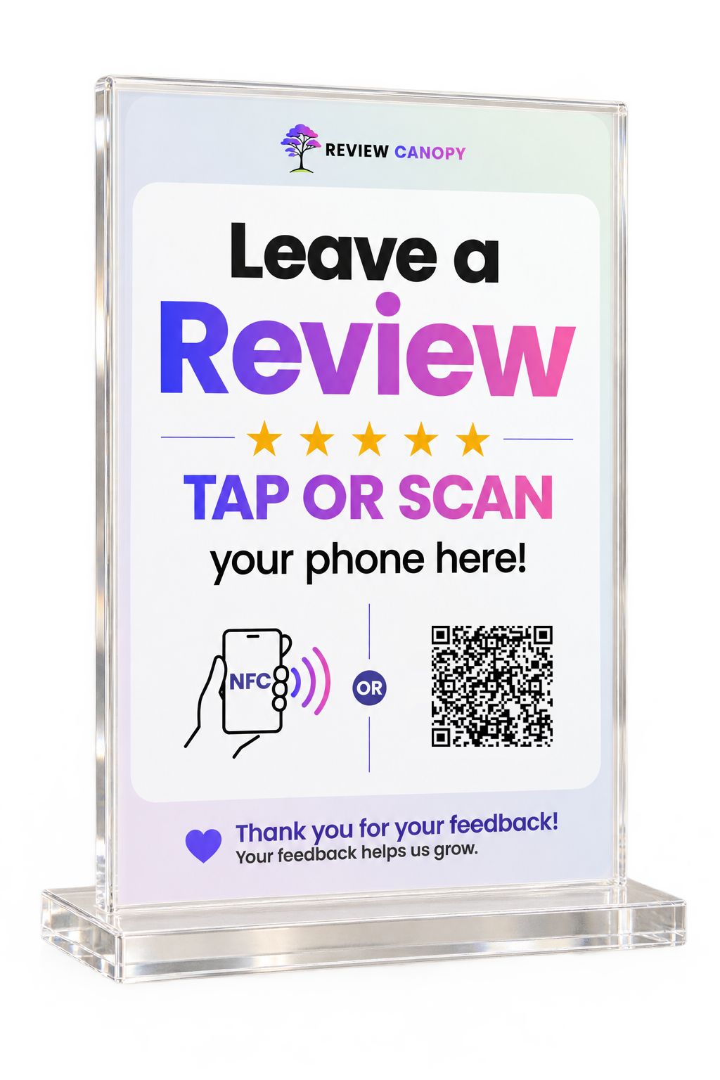 Review Canopy countertop stand with QR and NFC tap-to-review options